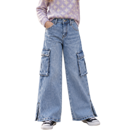 Girls' Cargo Jeans with Flap Pocket, Wide Leg and Split Hem Boyfriend Denim Pants
