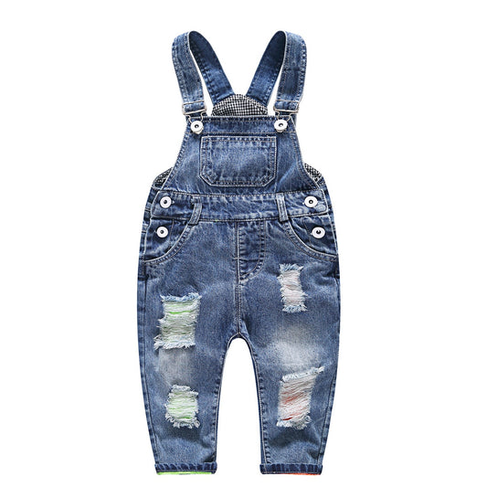 12M-5T Baby Twin Color Lining Ripped Denim Overalls