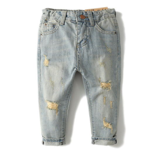 Kids Jeans Elastic Band Inside Ripped Denim Pants