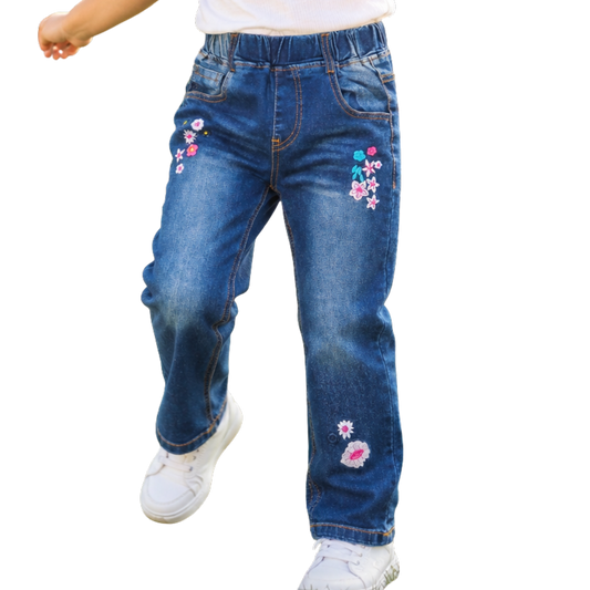 5-15T Girls Embroiderd Flower Decor Slim Jeans Pants