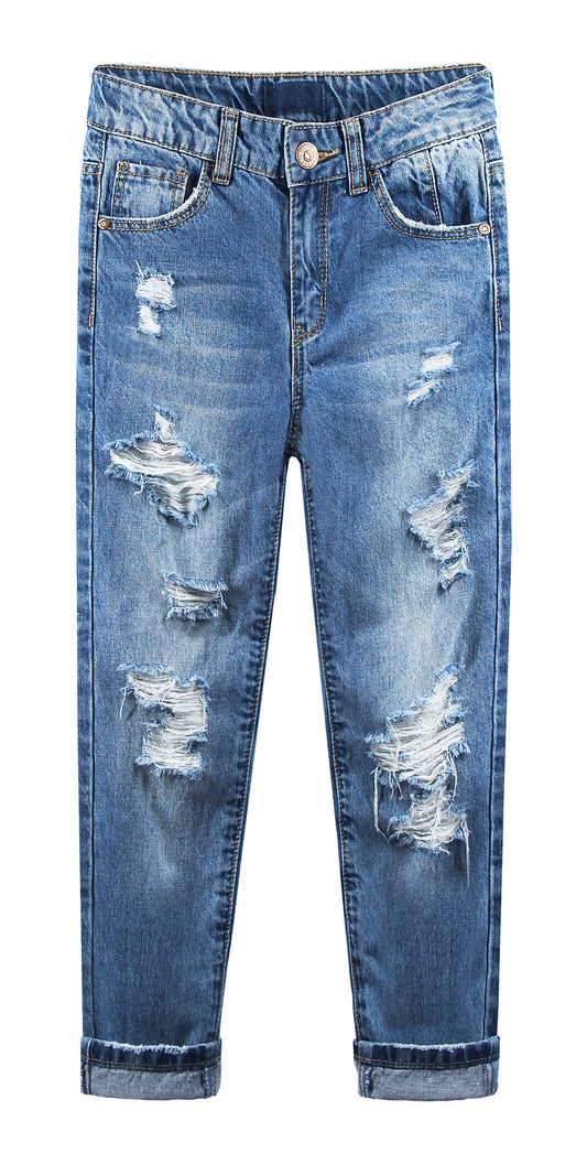 Girls Slim-fit Jeans, 6-14T Ripped Holes Straight Denim Pants