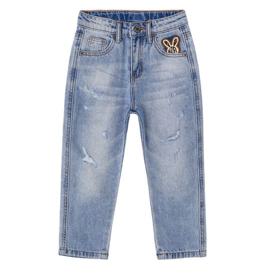 Baby Little Big Girls Jeans,Elastic Waistband Inside Ripped Holes Soft Denim Pants