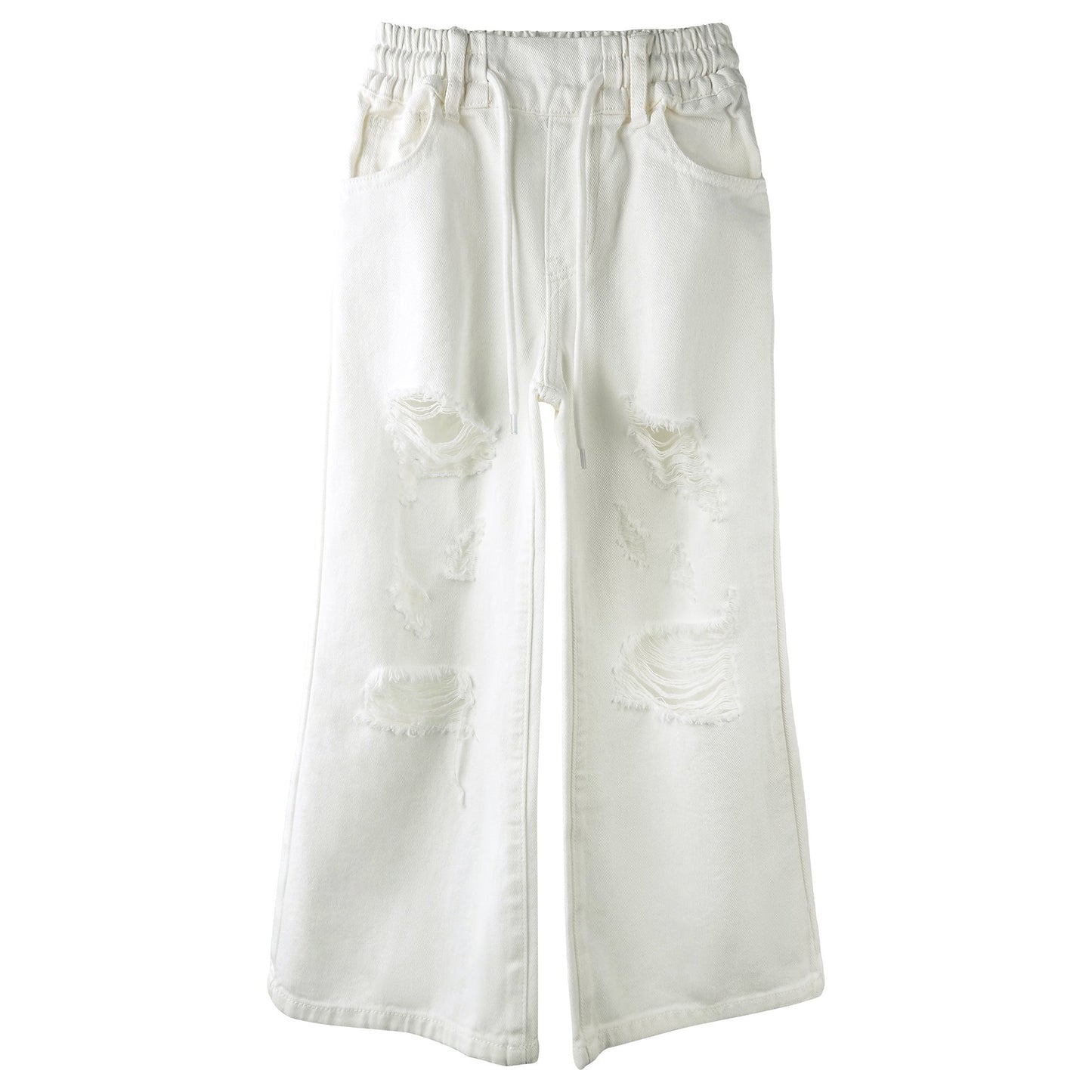 Girls Wide-leg Colored Denim Jeans, 5-14T Loose Elastic Waist with String Ripped Flared Pants