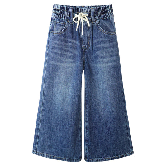 Girls Wide-leg Denim Pants, 5-14T Loose Elastic Waist with String Flared Jeans Bottoms
