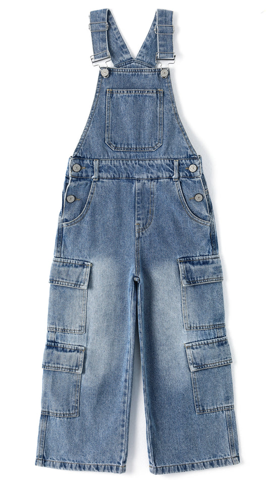 6-13T Girls鈥?Denim Cargo Overalls, Wide Leg Jean Dungarees