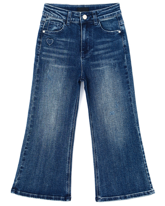 5-13T Girls Wide Leg Jeans, Micro Distressed Heart Shapped Denim Pants
