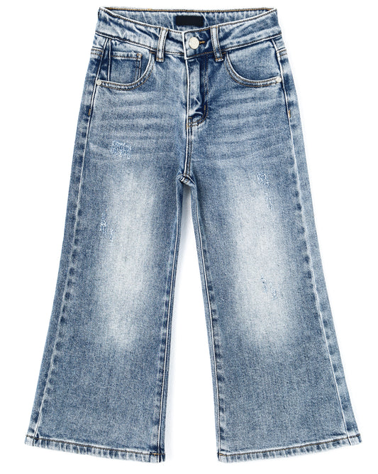 5-13T Girls Wide Leg Jeans, Simple Design Micro Distressed Denim Pants