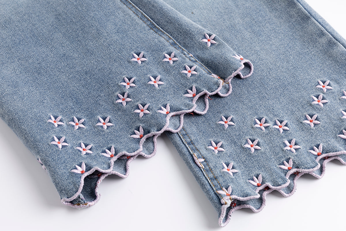 Girls Wide Leg Denim Jeans with Floral Embroidery Scalloped Hem