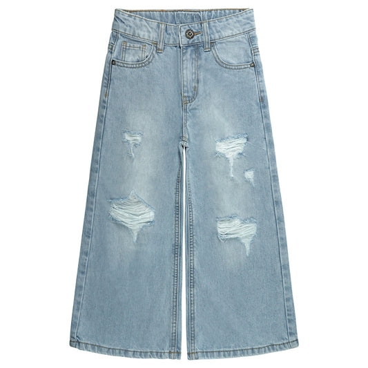 Girls Flare Ripped Wide Leg Soft Denim Jeans Pants