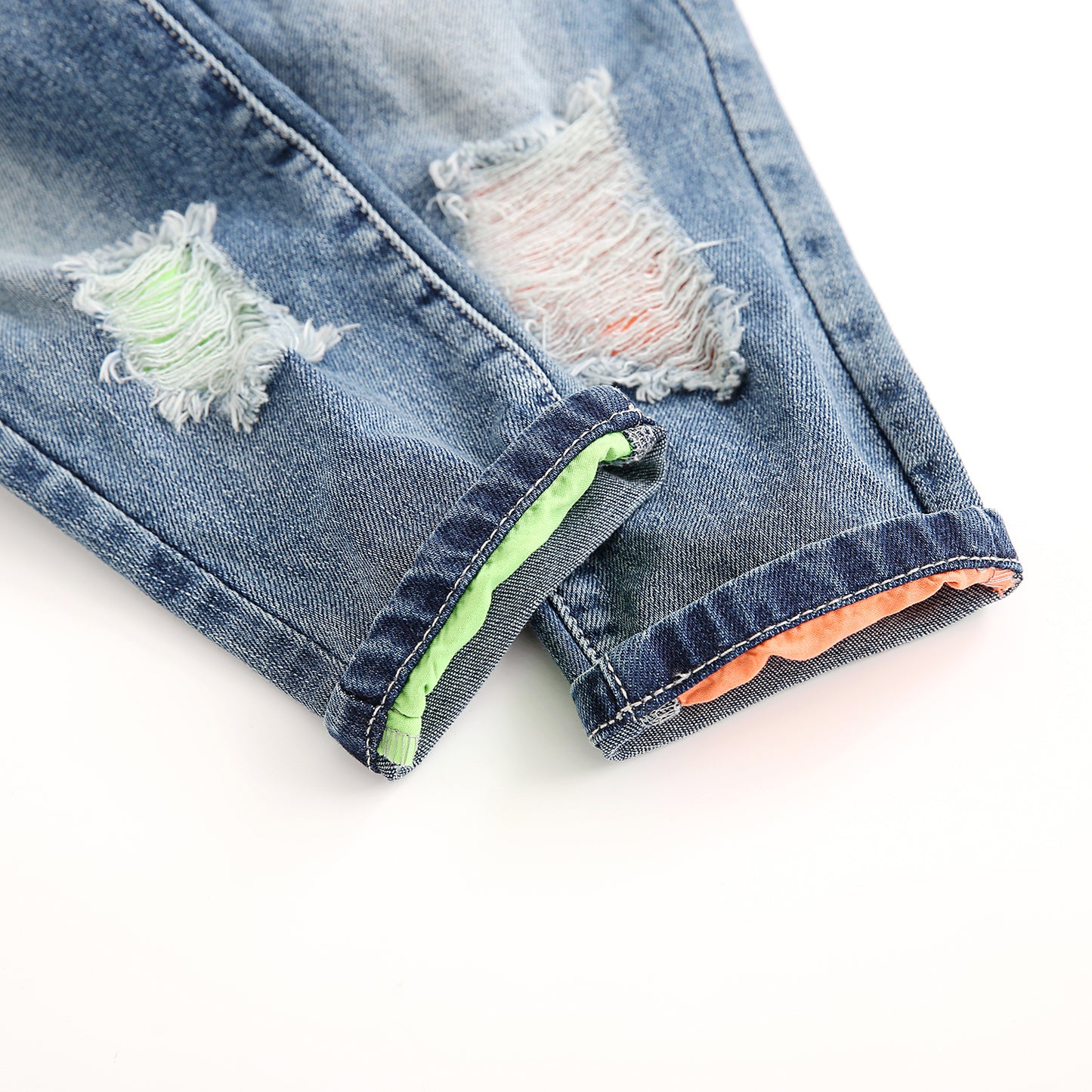 12M-5T Baby Twin Color Lining Ripped Denim Overalls