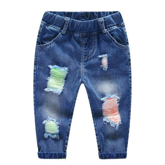 Kids Ripped Jeans Elastic Waist Distressed Denim Pants