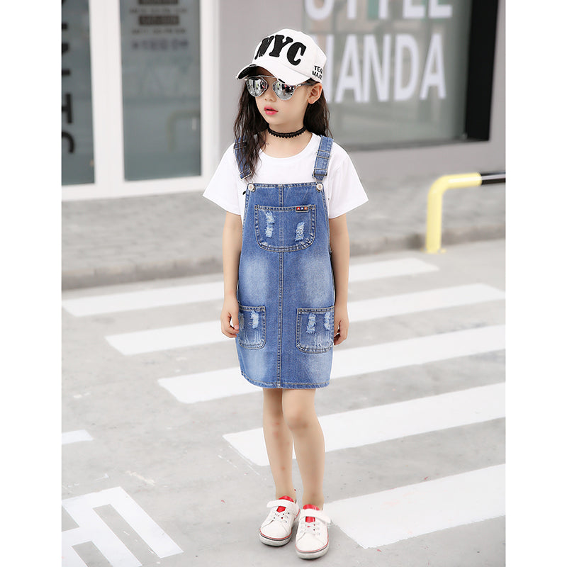 Toddler/kid Girl Jean Overall Dress Ripped Adjustable Denim Jumpers  Skin-friendly