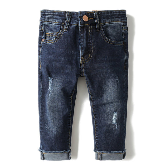 Toddler Boys D Ring Elastic Band Inside Ripped Denim Pants Cuffed Jeans