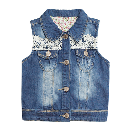 Kidscool Space Girls Washed Sleeveless Jacket Lace Patched Denim Vest Jacket
