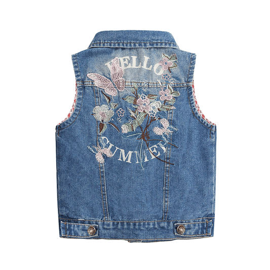 Kidscool Space Girls Distressed Sleeveless Jacket Embroidered Denim Vest Jacket Tops