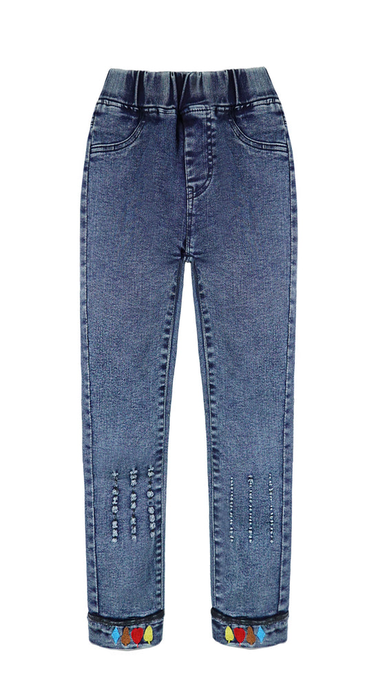 Elastic poker and embroidery tatted denim trousers