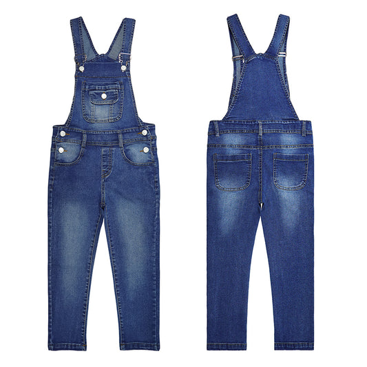 Girls Denim Overalls Washed Big Bib Flap Pockets Soft Stretchy Jumpsuit