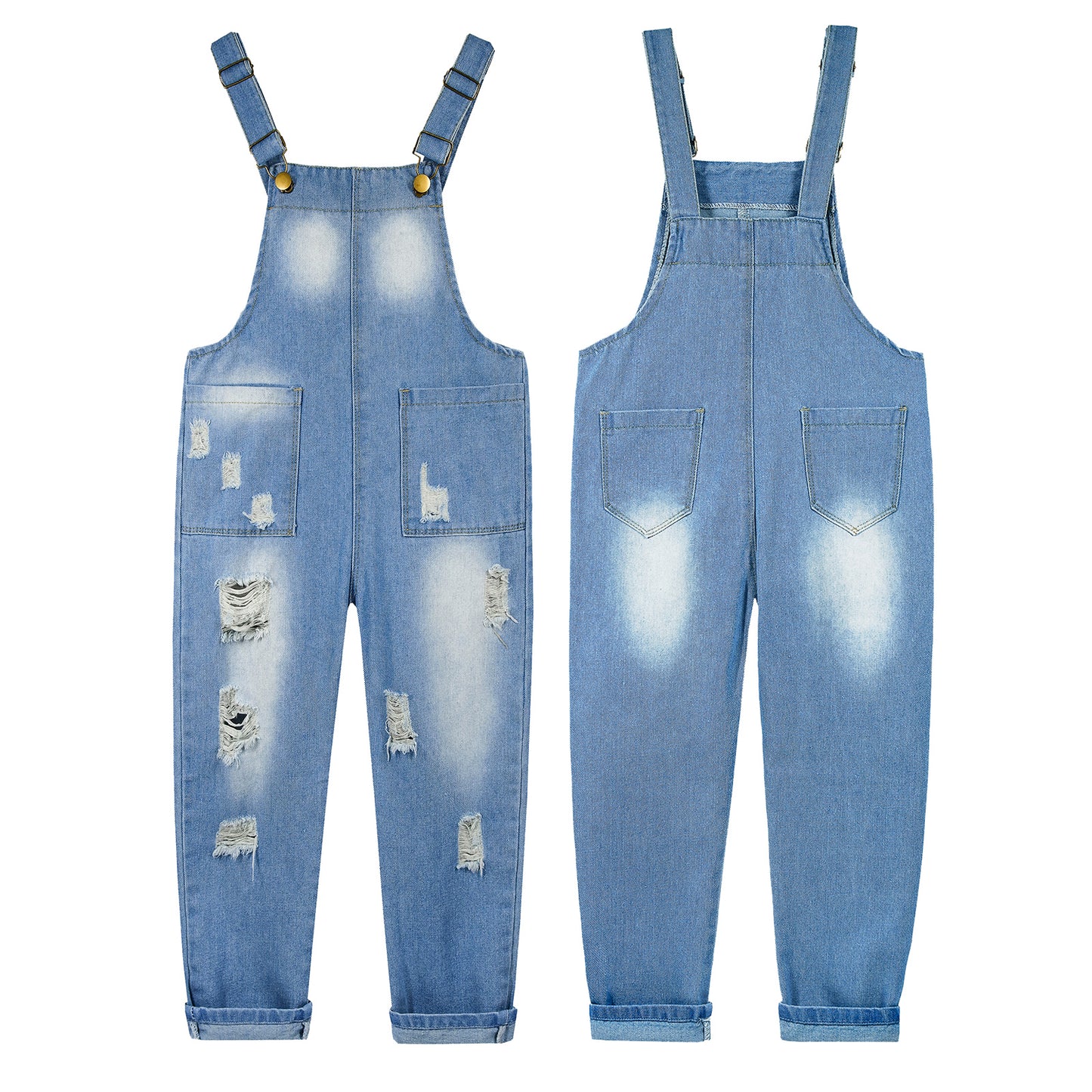 Girls Pocket Ripped Fashion Washed Denim Overalls