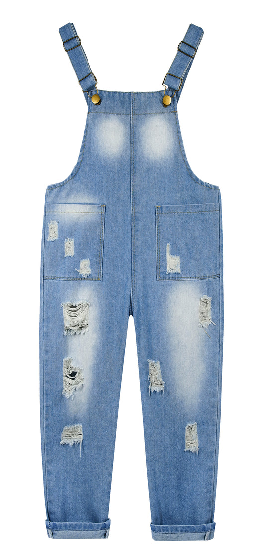 Girls Pocket Ripped Fashion Washed Denim Overalls