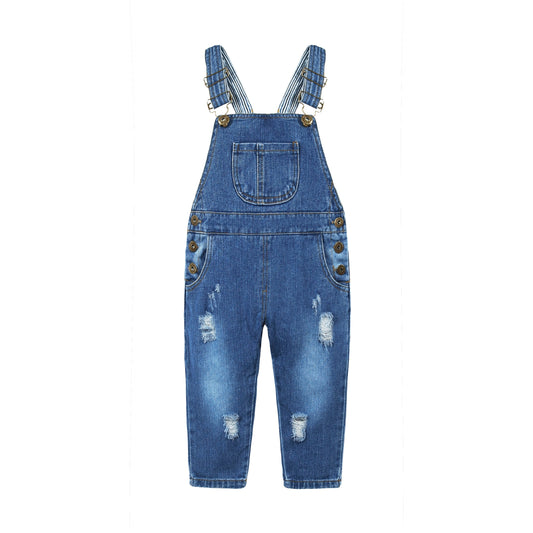 Kids Striped Liner Fashion Ripped Jeans Overalls