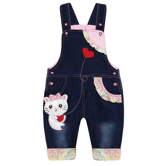 KIDSCOOL SPACE Baby Girl Overalls,Cute Toddler 3D Cartoon Cat Denim Jumpsuit