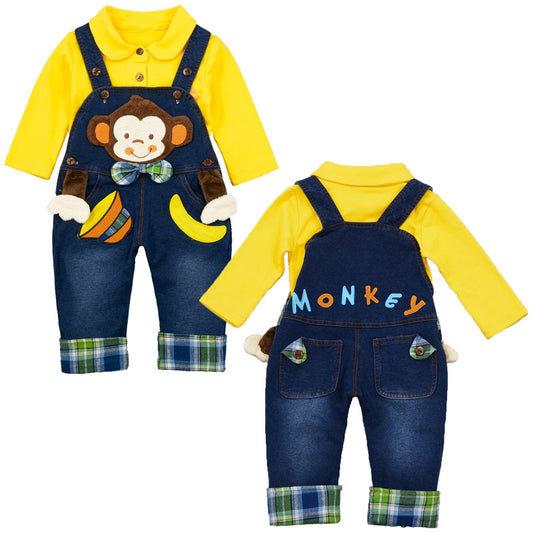 Toddler Monkey Jeans Overalls & Bear Shirt Set