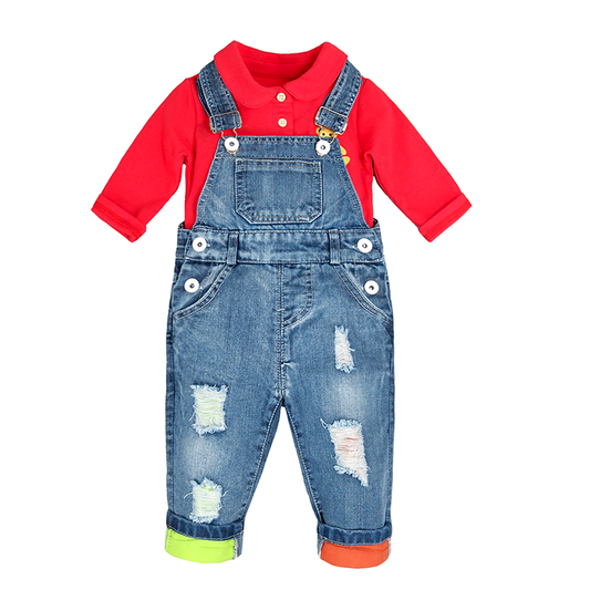 Twin Colors Cuffed Ripped Overalls & Bear Shirt Set