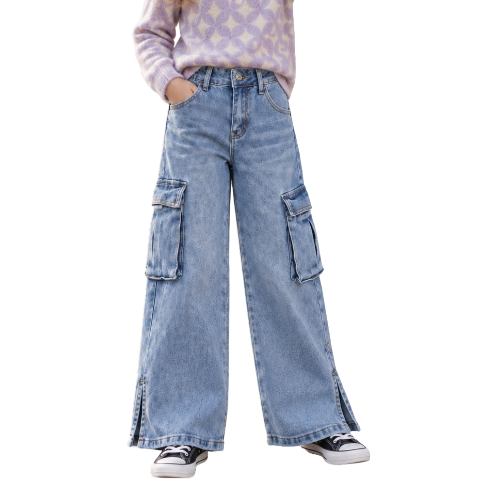 Girls' Cargo Jeans with Flap Pocket, Wide Leg and Split Hem Boyfriend Denim Pants