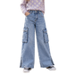 Girls' Cargo Jeans with Flap Pocket, Wide Leg and Split Hem Boyfriend Denim Pants