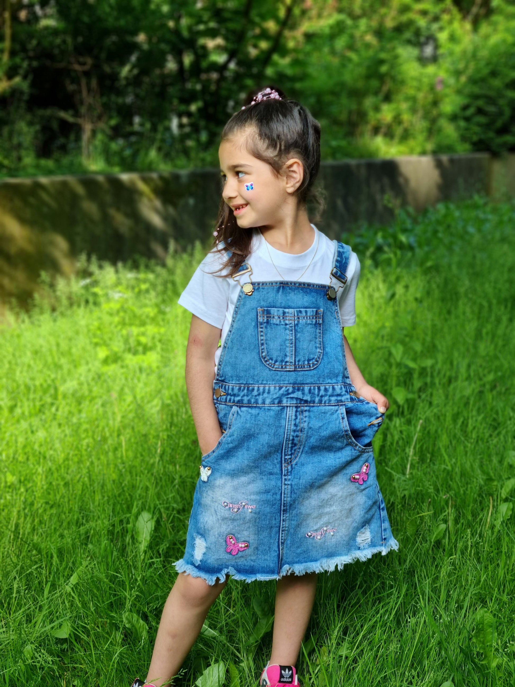 Girls Dress Embroidered Butterfly Washed Denim Dress Kidscool USA Girls Dress Embroidered Butterfly Washed Denim Dress Kidscool USA
