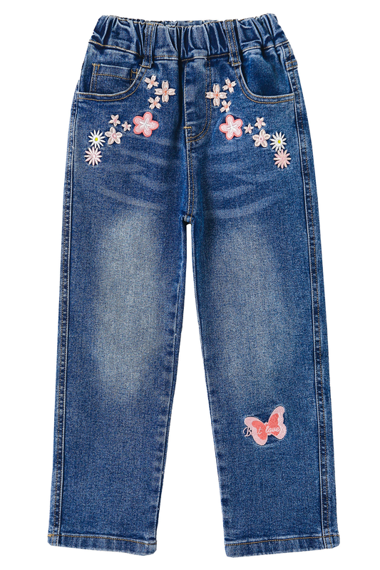 Girls Jeans, Ribbed Elastic Waist Embroidered Denim Pants
