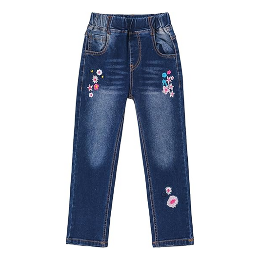 5-15T Girls Embroiderd Flower Decor Slim Jeans Pants