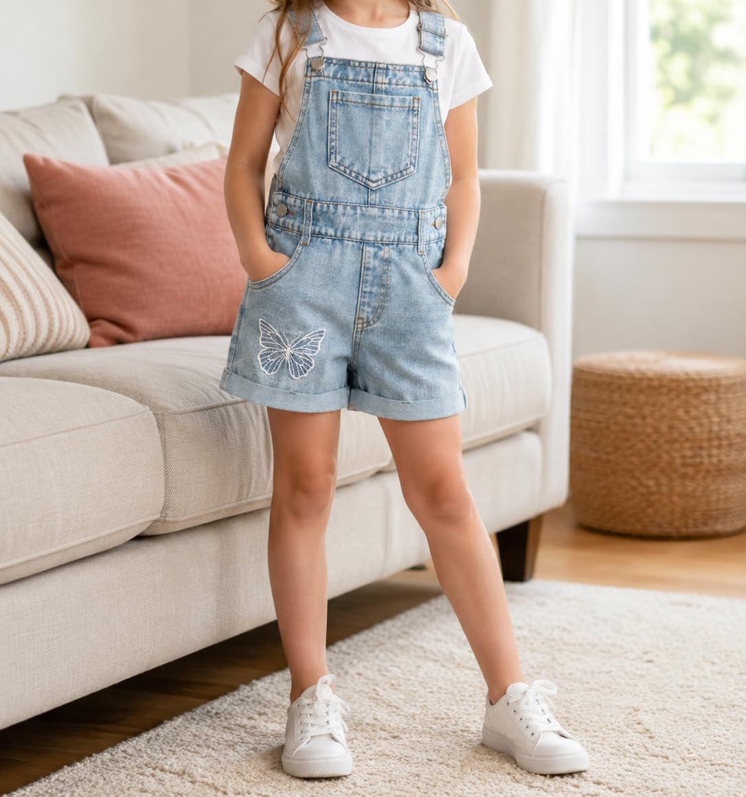 Girls Butterfly Embroidered Denim Shortalls Big2820