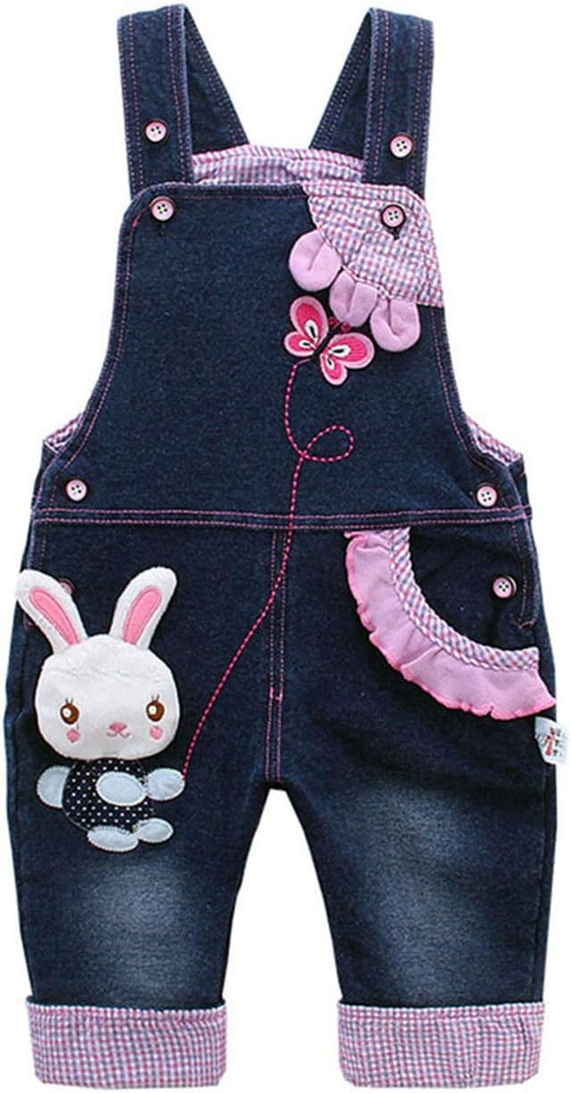 KIDSCOOL Baby Girls 3D Bunny Denim Overalls