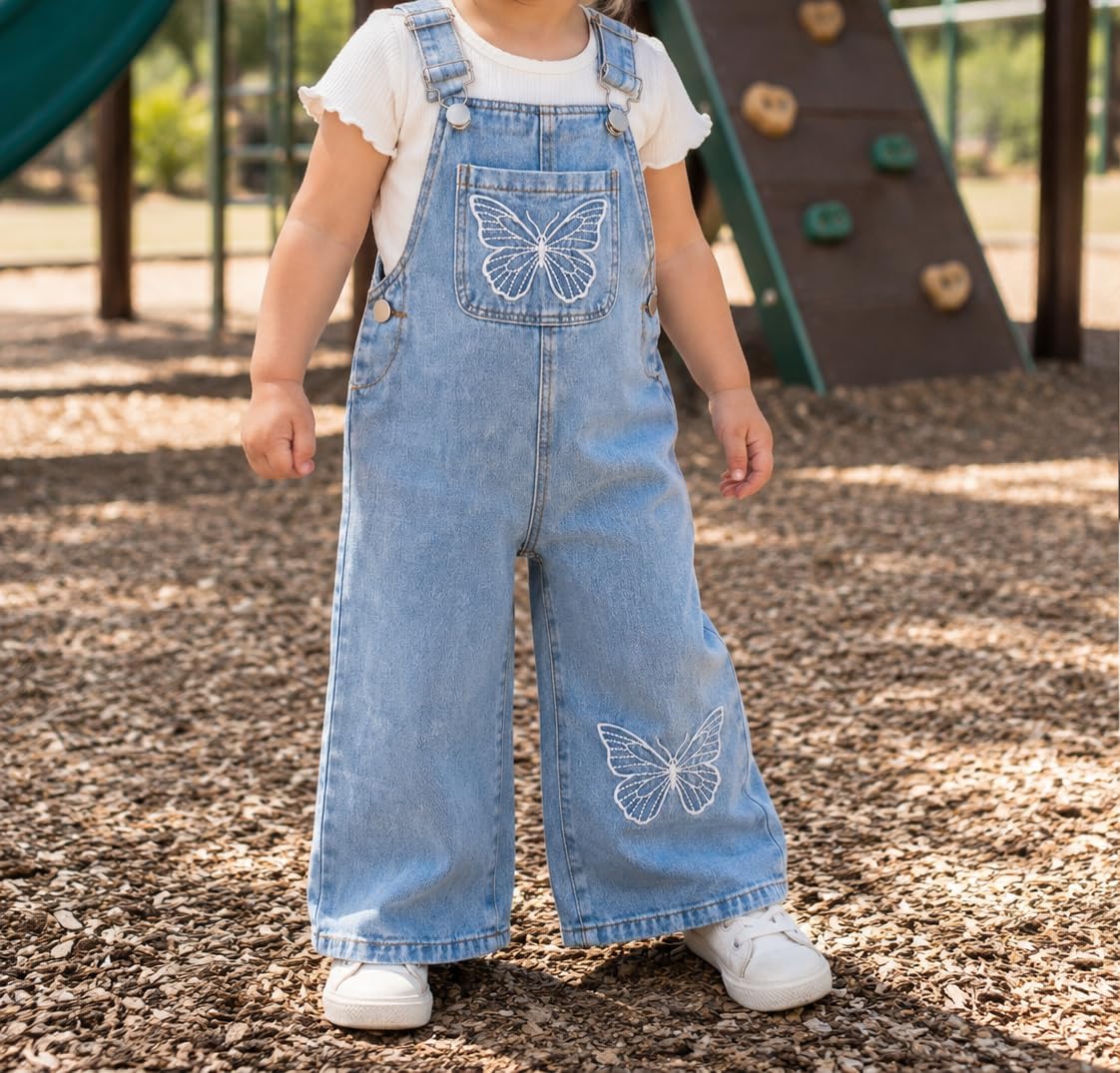 Girls Butterfly Embroidered Denim Overalls Big2825