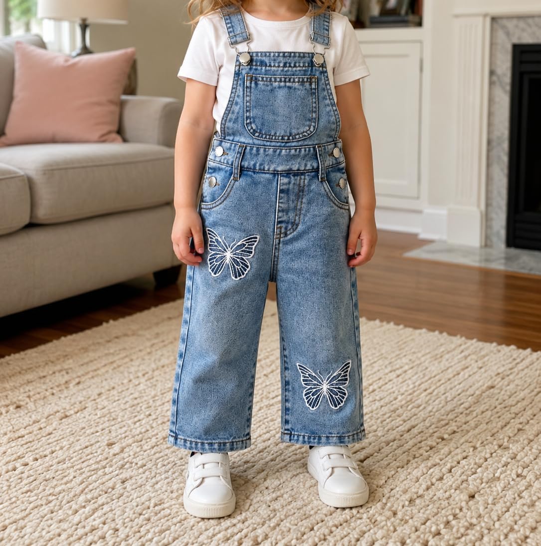 Girls Butterfly Wide-Leg Denim Overalls Big2805
