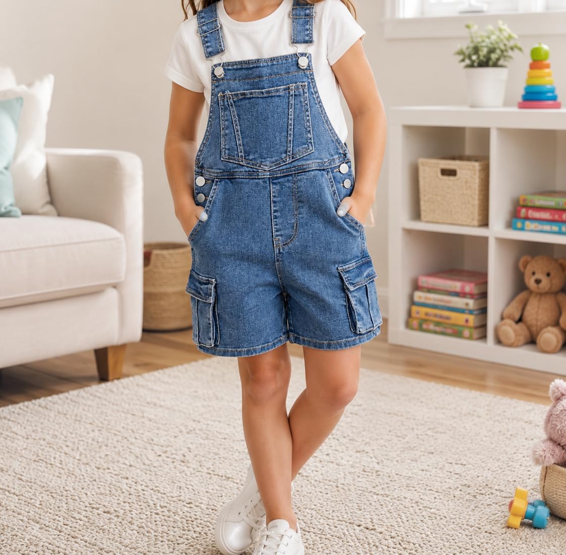 Girls Denim Cargo Overall Shorts Big2809