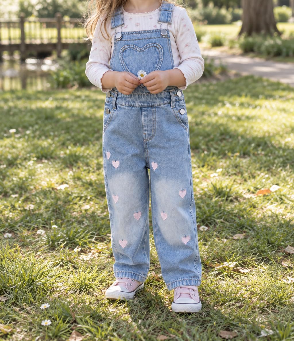 Girls Heart Embroidered Floral Overalls Big2816