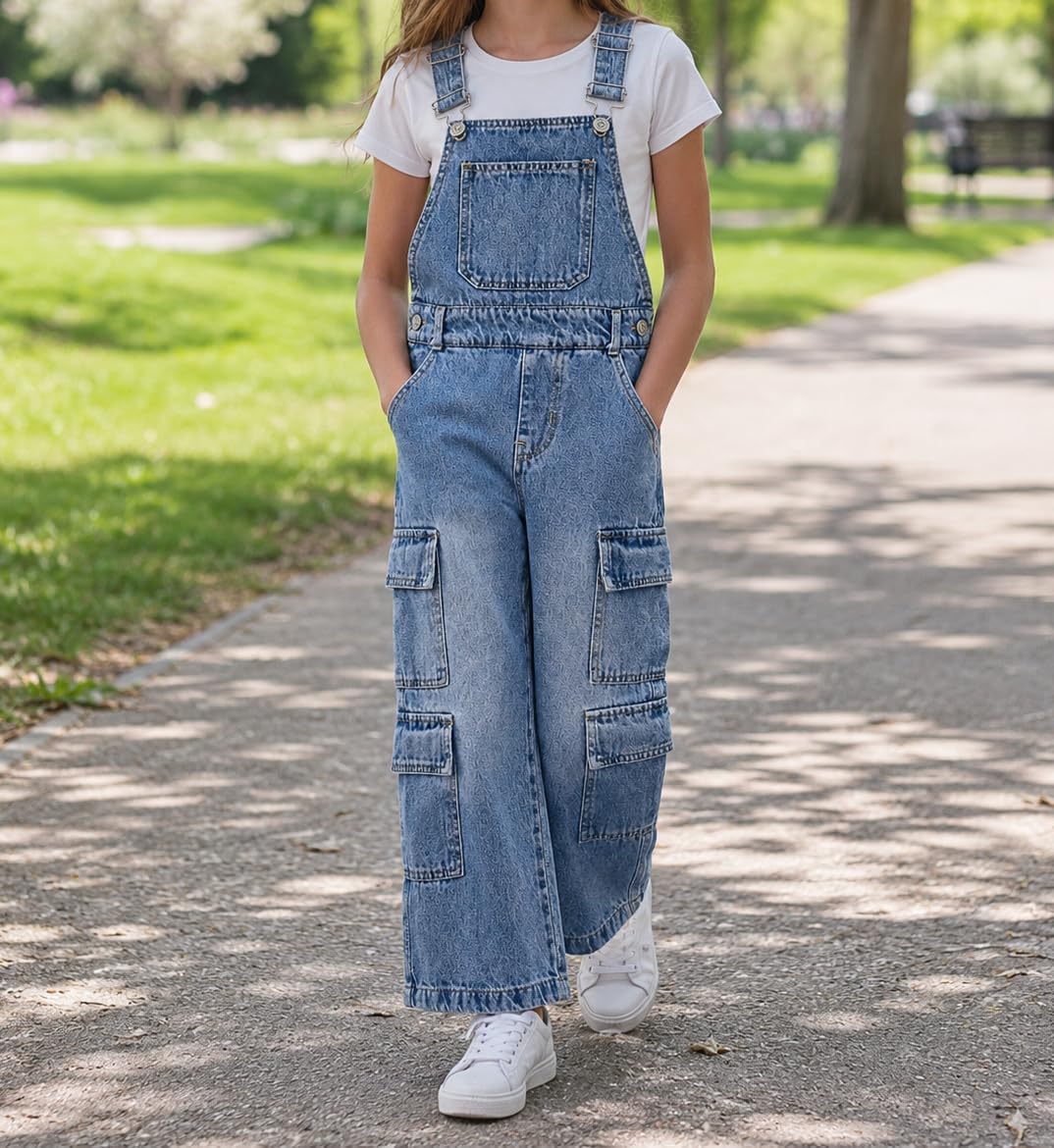 Girls Cargo Wide-Leg Denim Overalls Big2776