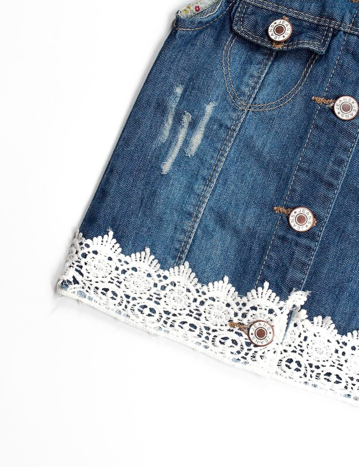 Girls Ripped Lace-Trim Denim Vest