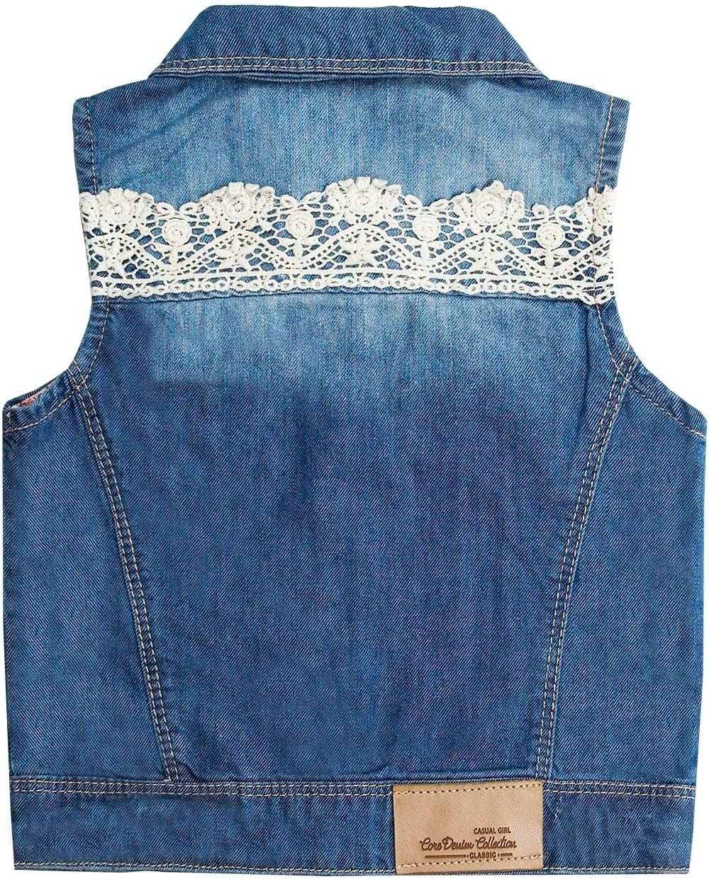 Girls Lace Round-Collar Denim Vest
