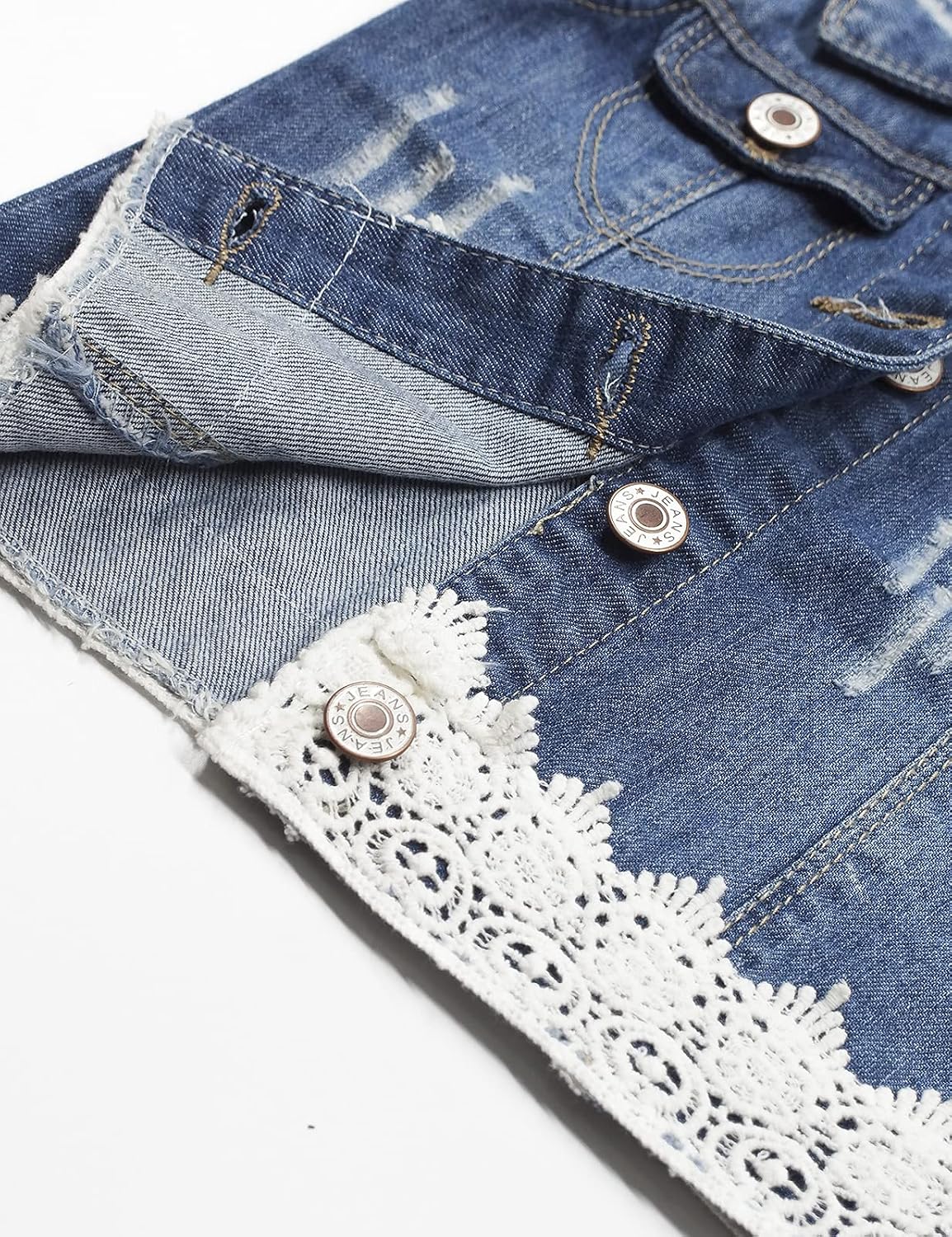 Girls Ripped Lace-Trim Denim Vest