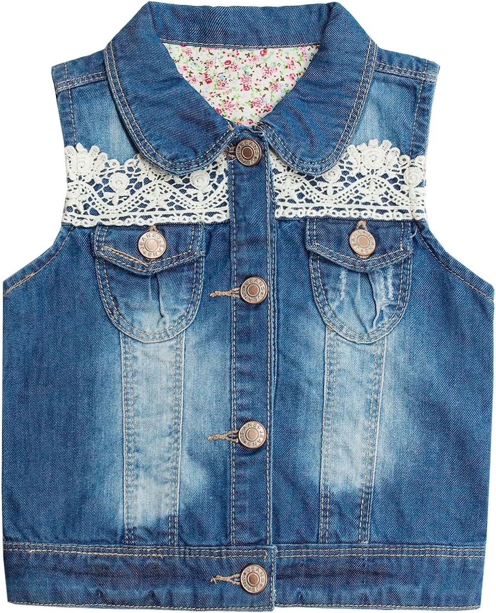 Girls Lace Round-Collar Denim Vest