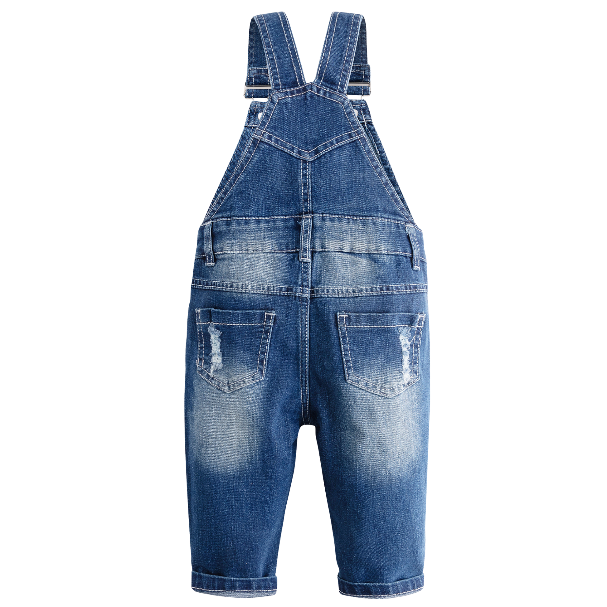 Blue denim overall shorts with distressed details, shown from the back on a white background.