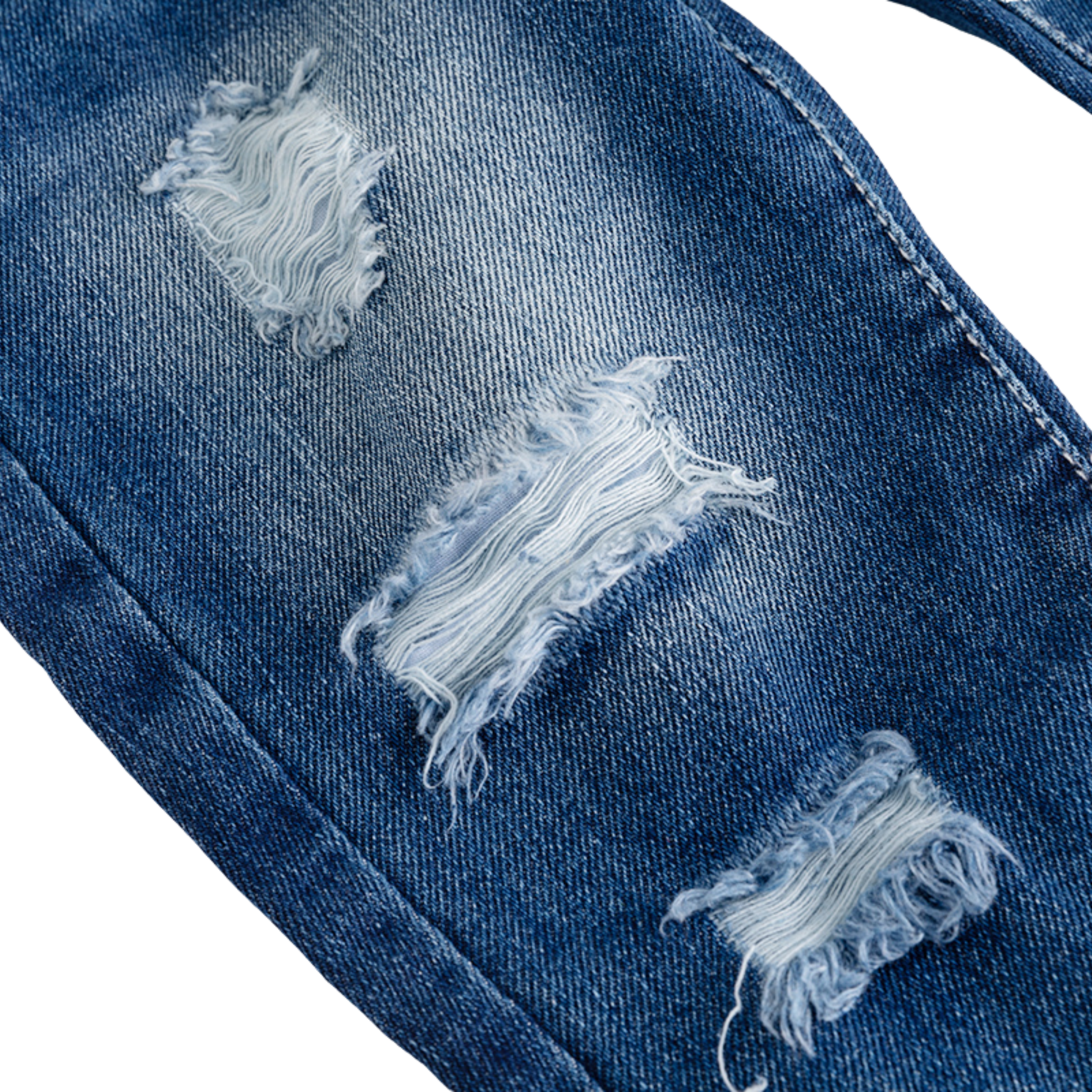 Close-up of blue denim fabric with three distressed ripped areas showing frayed white threads, photographed on a white background.