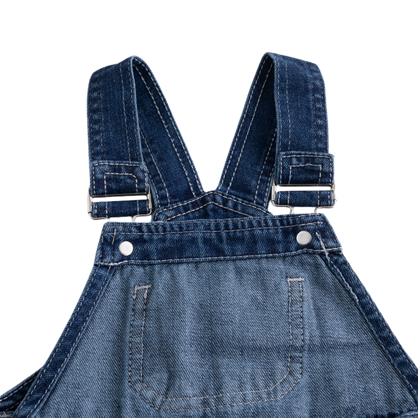 Close-up of the back of dark blue denim overall with adjustable shoulder straps, metal buckles, and a back pocket on a white background.