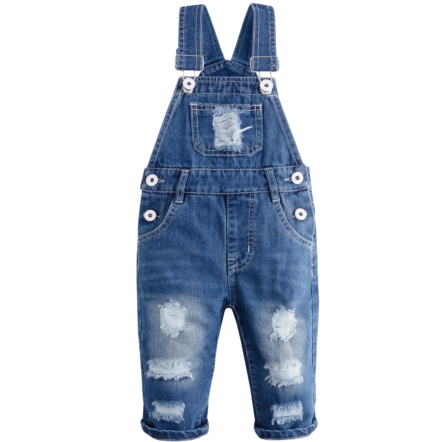 Blue denim baby overalls with distressed rips on the legs and chest, featuring adjustable shoulder straps and white snap buttons, shown on a plain white background.
