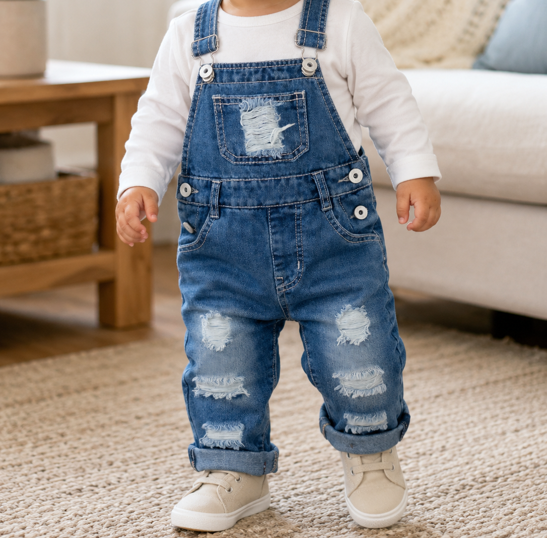A toddler standing indoors wearing blue distressed denim overalls over a white long-sleeve shirt, with rolled cuffs and light beige sneakers. The background shows a softly blurred living room with a sofa and wooden table.