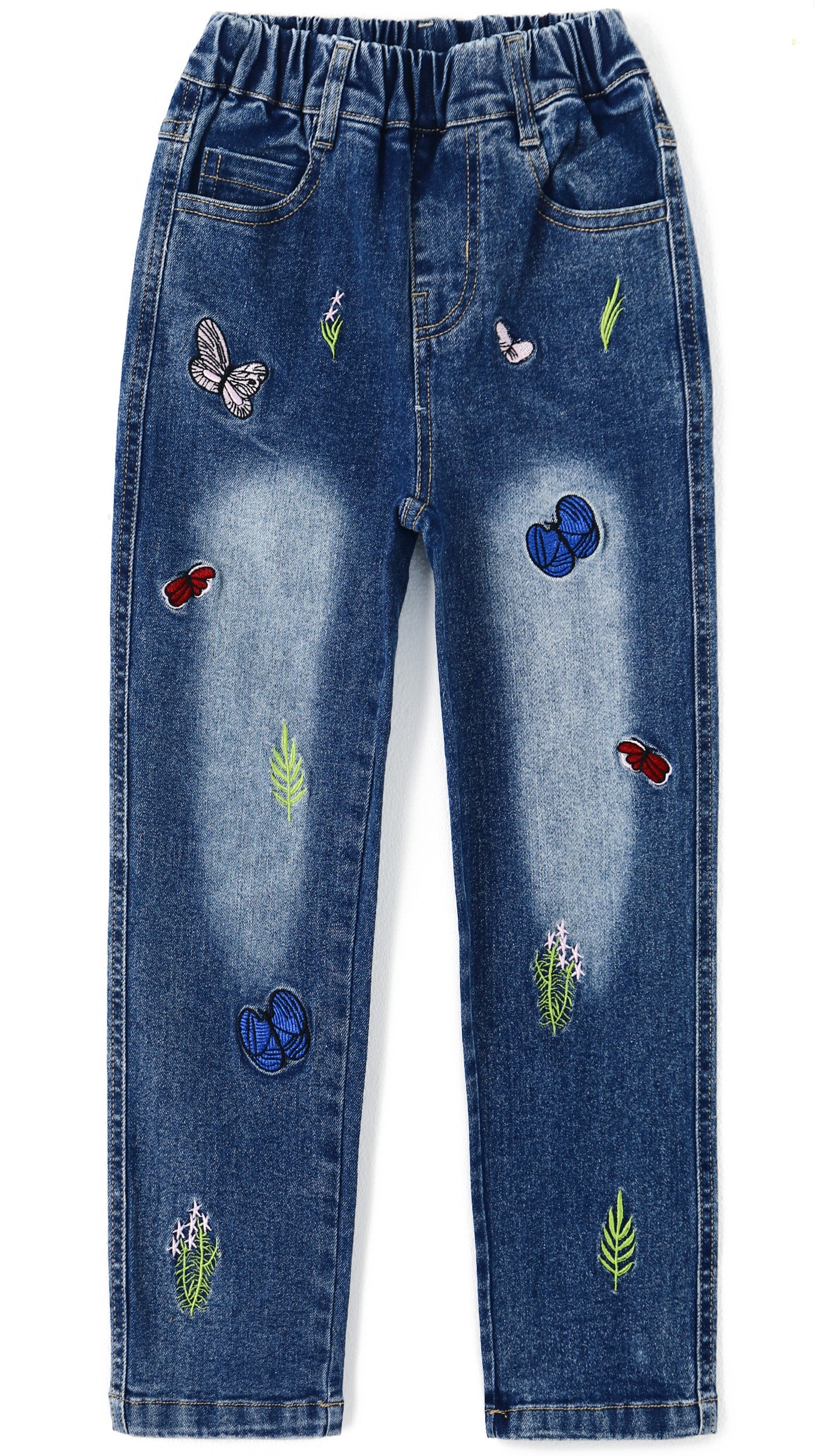 4-15T Girls Jeans, Ribbed Elastic Waist Embroidered Denim Pants