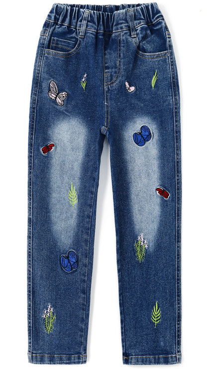 4-15T Girls Jeans, Ribbed Elastic Waist Embroidered Denim Pants